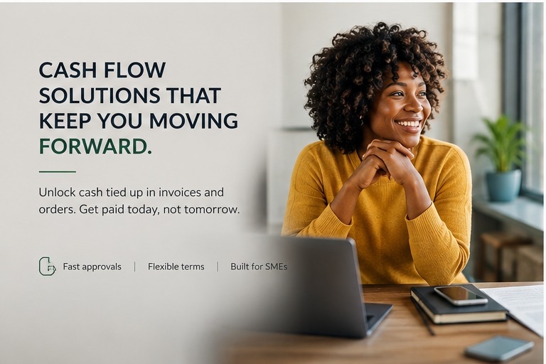 Kago FS cash flow support panel showing an SME founder at work